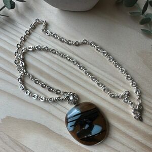 VTG Monet Pendant Necklace 22‎ Inch Art Glass Multicolor Oval Shape Silver Tone
